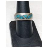 Silver zuni turquoise chip band ring     size 8