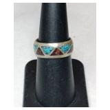Silver Navajo turquoise/ red coral chip band ring