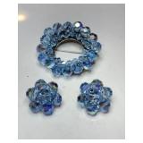 Blue beaded broach matching clip earrings