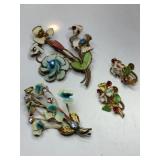 Gold tone enamel flower brooch with screw on back