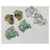 3 pairs art Deco Enamel flower/ leaf  clip ons