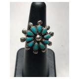 Silver Zuni  turquoise flower  ring size 4.5