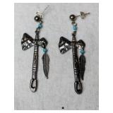 Silver hatchet and turquoise dangle earrings