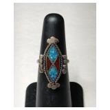Silver Navajo turquoise/Coral chips Ring size