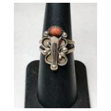 Silver Navajo Coral Stone ring    size 6