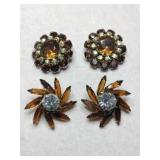 Amber rhinestone and flower ,cluster clip-ons