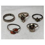 5 silver native American rings mixed sizes
