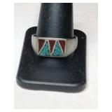 Silver Navajo turquoise red coral chip ring