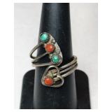 Silver Navajo turquoise and coral ring.  Size 7.
