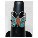 Silver turquoise / Coral butterfly ring.  Size