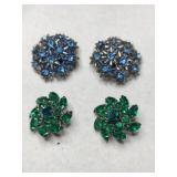 Blue and green rhinestone cluster clip-on