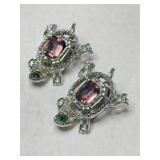 Silver tone Turtle peak and green rhinestone