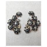 Vintage gold tone black and Clear flower clip-ons