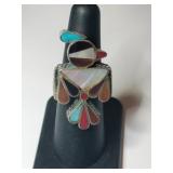 Silver Zuni multicolor bird ring size 6.