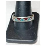 Silver Navajo turquoise/ red coral chip band ring
