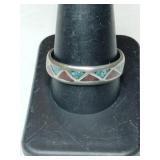 Silver Navajo turquoise/ red coral chip band ring