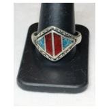 Silver zuni turquoise red coral chip ring Marked