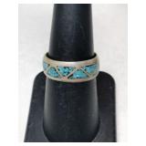 Silver zuni turquoise chip band ring     size 7
