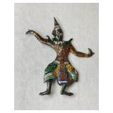 Silver Siam enamel Thai dancer brooch marked