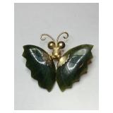 Goy tone carved Green Jade Wing brooch