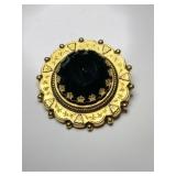 Fredrick gold tone black glass brooch signed
