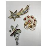 Shooting star  red and clear rhinestone brooches