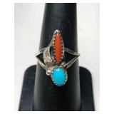 Silver Navajo turquoise/ Coral  Ring size 7.5