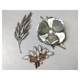 3 gold /silver tone large flower , white stone