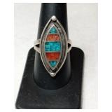 Silver native American turquoise red coral chipped