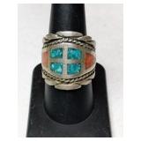 Silver native American turquoise red coral chipped