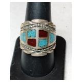 Silver native American turquoise red coral chipped