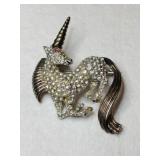Silver unicorn clear rhinestone brooch marked