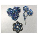 3 silvertone blue rhinestone brooches