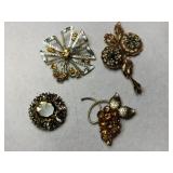 4 gold/ silver tone Amber rhinestone brooches