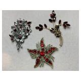 3 gold/silver tone red rhinestone brooches