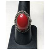 Silver Navajo red coral ring size 7 .5    .265oz