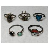 5 silver native American rings mixed sizes
