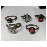 5 silver native American rings mixed sizes