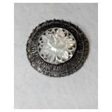 Silver Jerusalem carved mother of pearl brooch