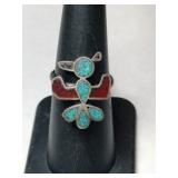 Silver Zuni turquoise/red coral Stone bird ring