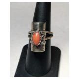 Silver native American coral Stone ring    size 6