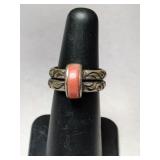 Silver native American coral Stone ring  signed