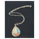 M J P Sterling with Turquoise and Coral Pendant