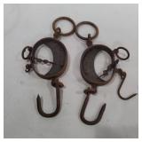 2 fur trapper scales iron and brass