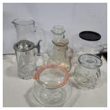 Glass Pitchers, jars, and corn poppers