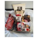 Box of assorted vintage cards and knickknacks.