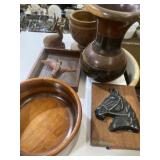 Wooden wall decor, vases, figurines, and bowl