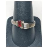 Silver gold tone red / clear Stone ring marked