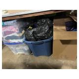 Totes & box of mixed clothes & kids shoes, some