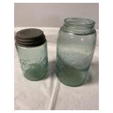 2 antique Ball Mason aqua glass jars